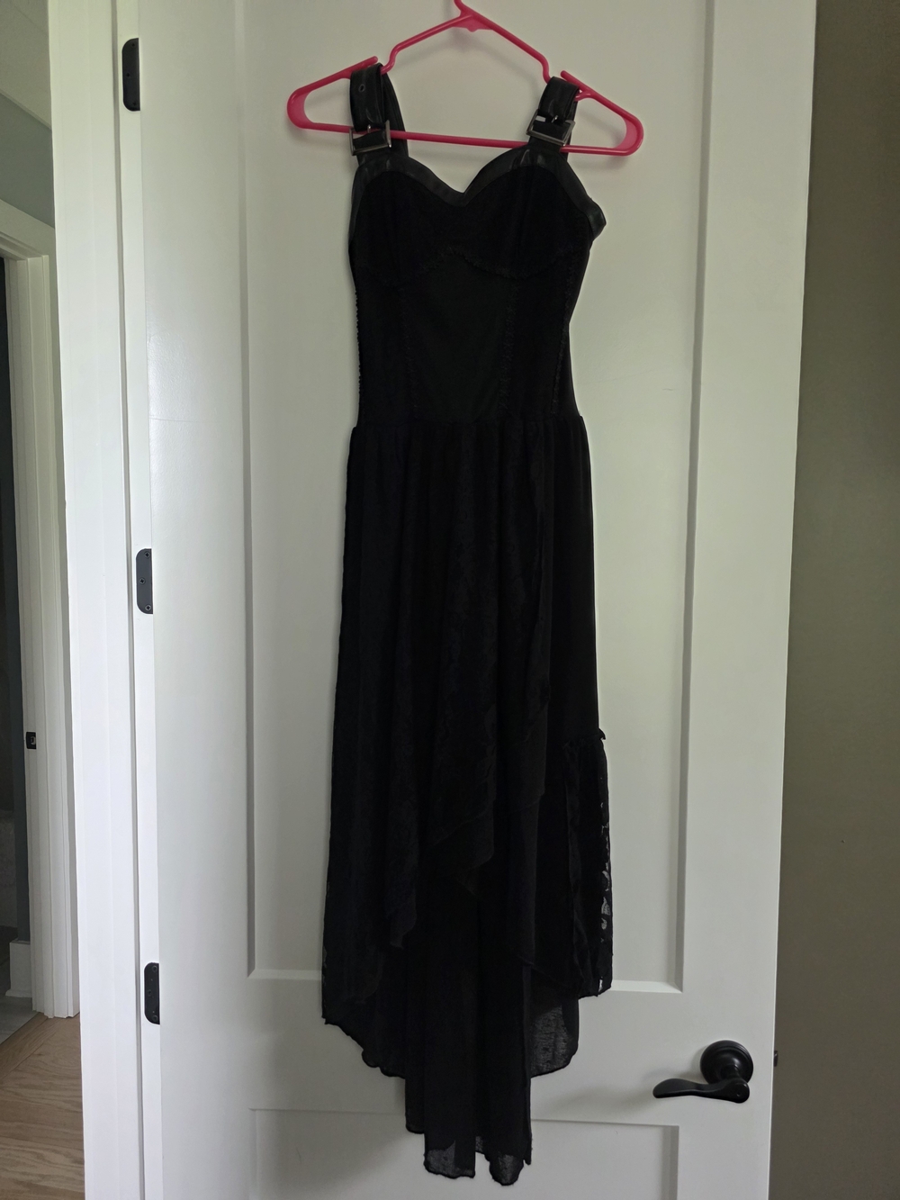 Gothic Black Lace Asymmetric Midi Dress with Buckle Straps